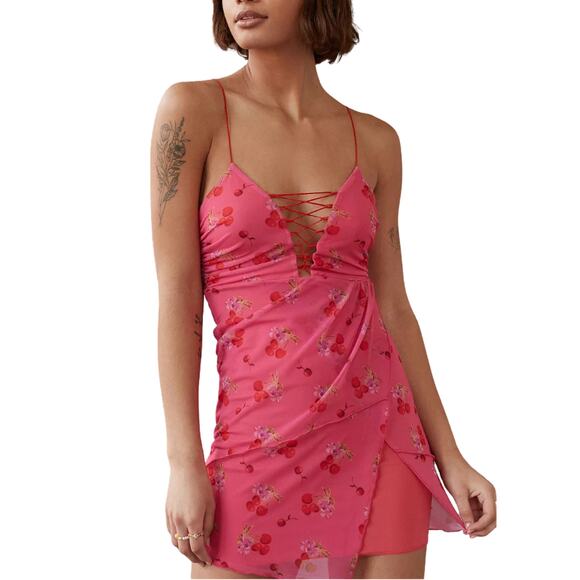 Urban Outfitters Cherry Bright Mesh Mini Dress UO Size Small Stretchy Bodycon - Picture 1 of 8